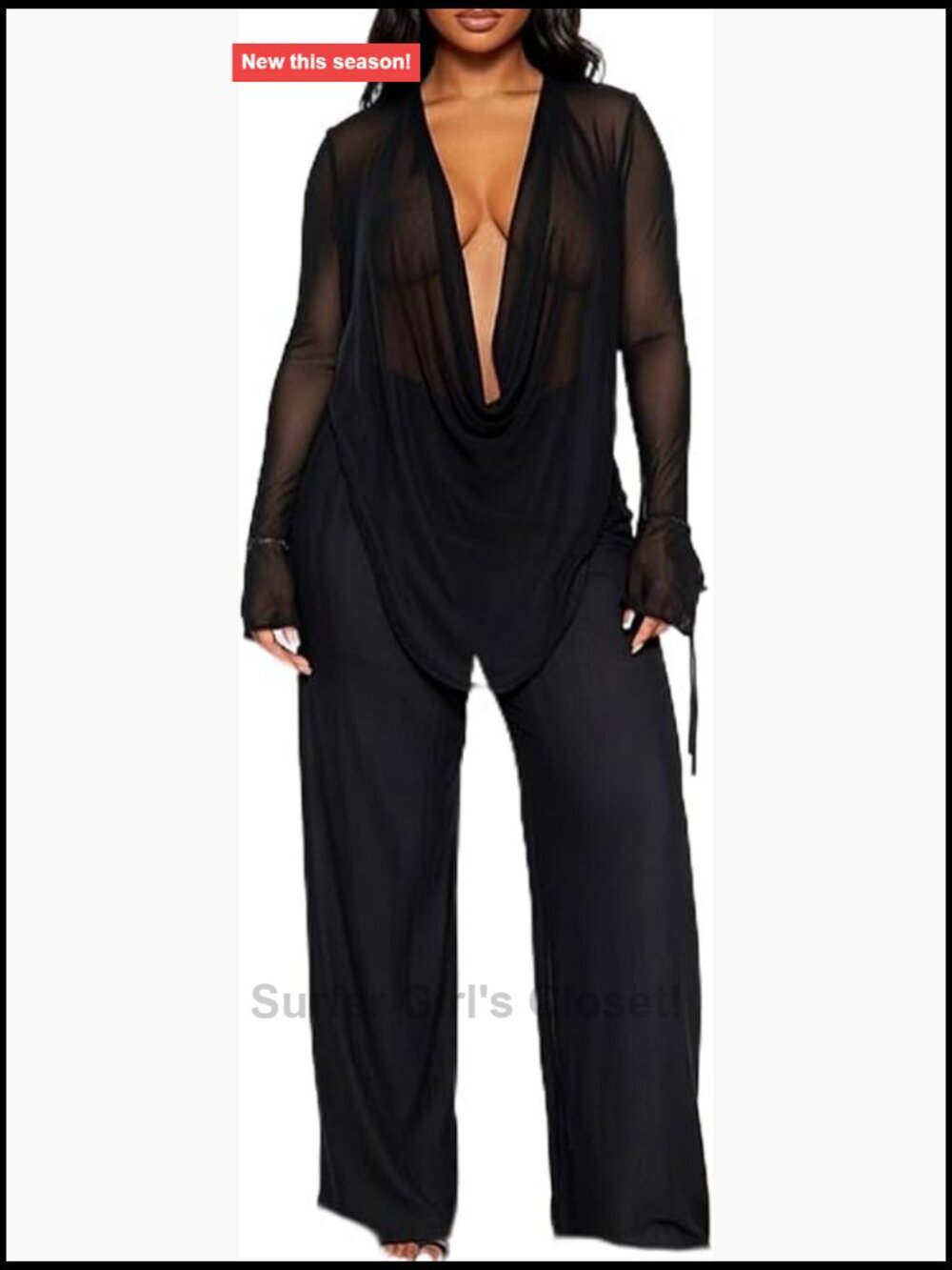 2 Piece Pants Set Mesh Sheer Top Wide Leg Flowy See Through Going Out Outfit